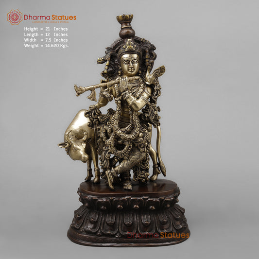 Brass Krishna Playing Flute with Cow, Golden & Copper Finish, 21"