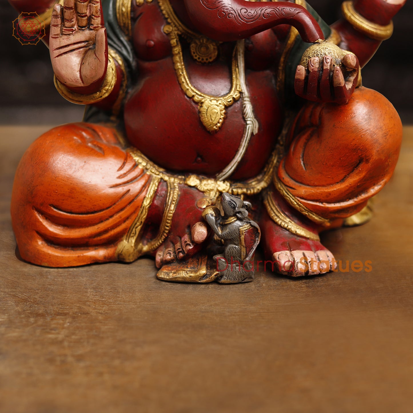 Brass Lord Ganesh Statue, seated in Blessing Posture, multicolor texture 13"