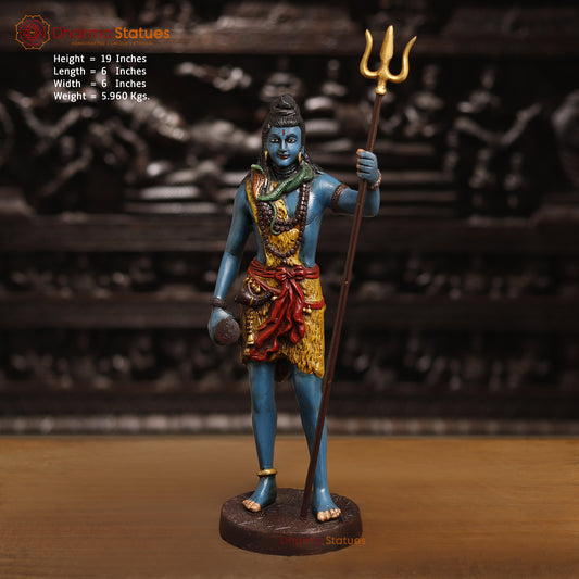 Brass Lord Shiva Statue, Shiva Standing Holding Trident, colorful texture 19" front view