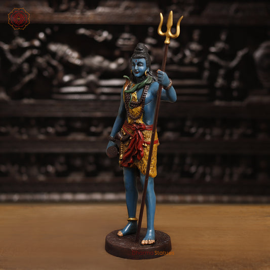Brass Lord Shiva Statue, Shiva Standing Holding Trident, colorful texture 19" side view