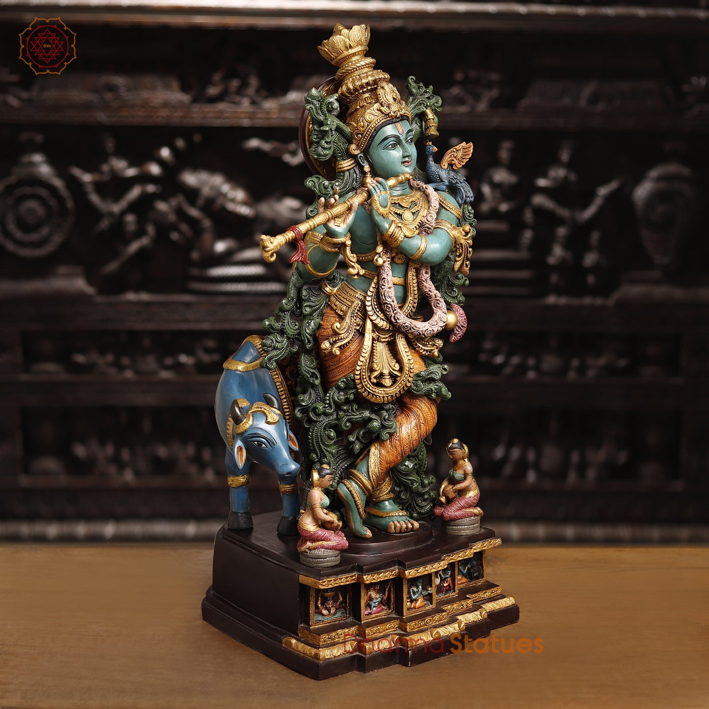 Brass Lord Krishna Statue With Cow, Playing Flute, Colorful Finish, 28.5"