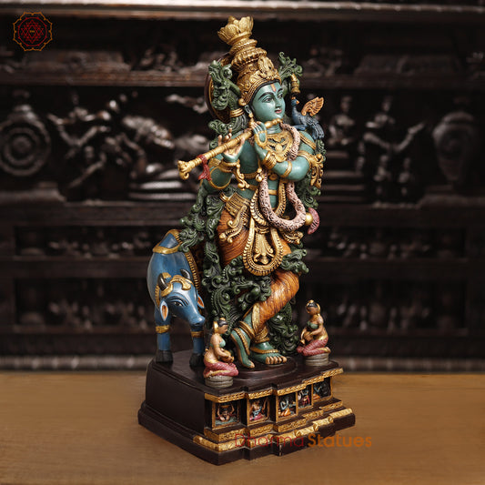 Brass Lord Krishna Statue With Cow, Playing Flute, Colorful Finish, 28.5"