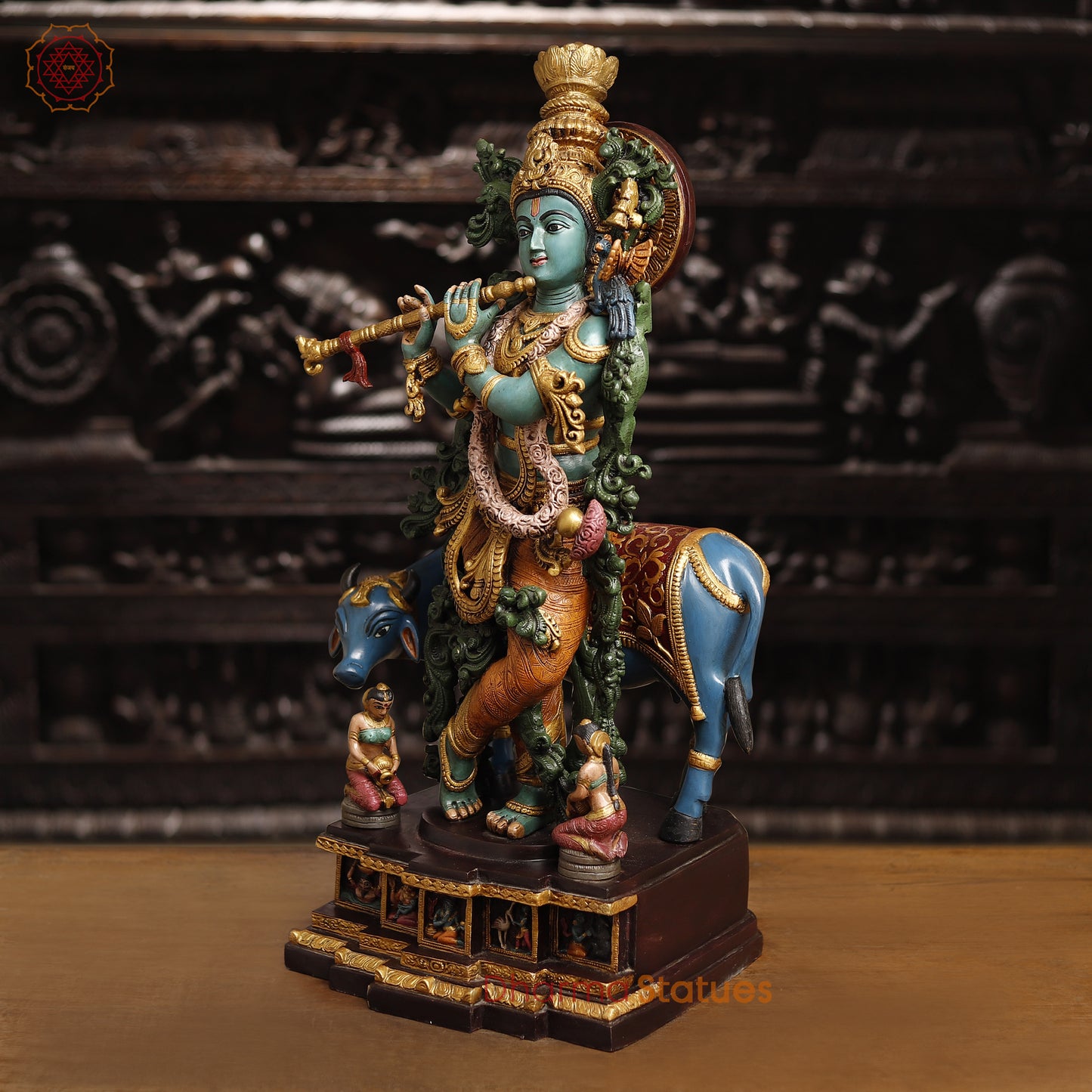 Brass Lord Krishna Statue With Cow, Playing Flute, Colorful Finish, 28.5"