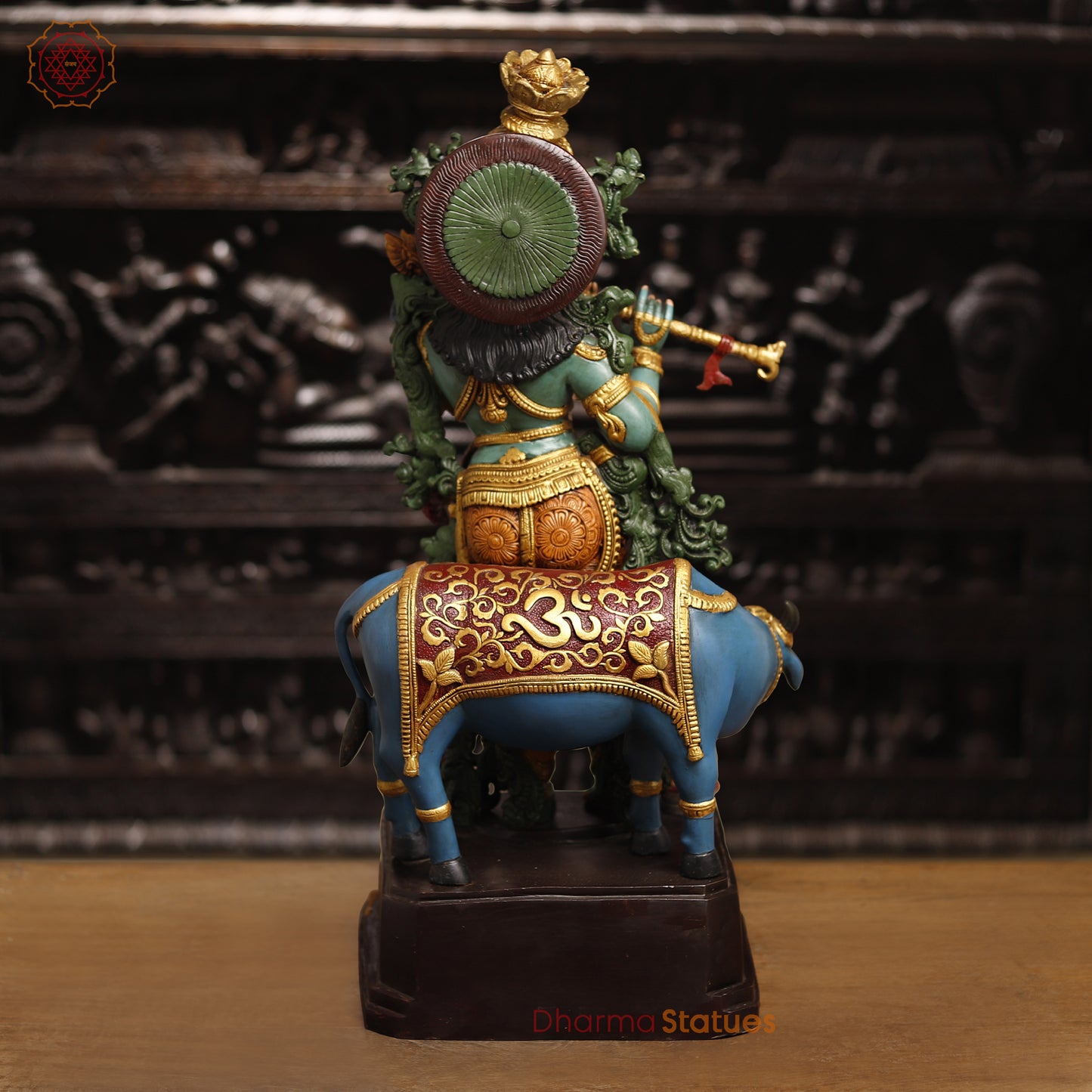 Brass Lord Krishna Statue With Cow, Playing Flute, Colorful Finish, 28.5"