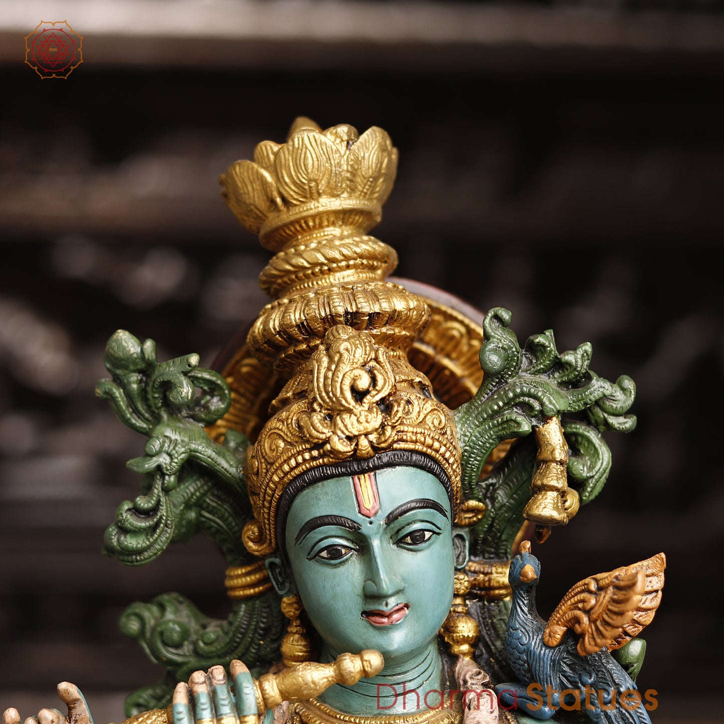 Brass Lord Krishna Statue With Cow, Playing Flute, Colorful Finish, 28.5"