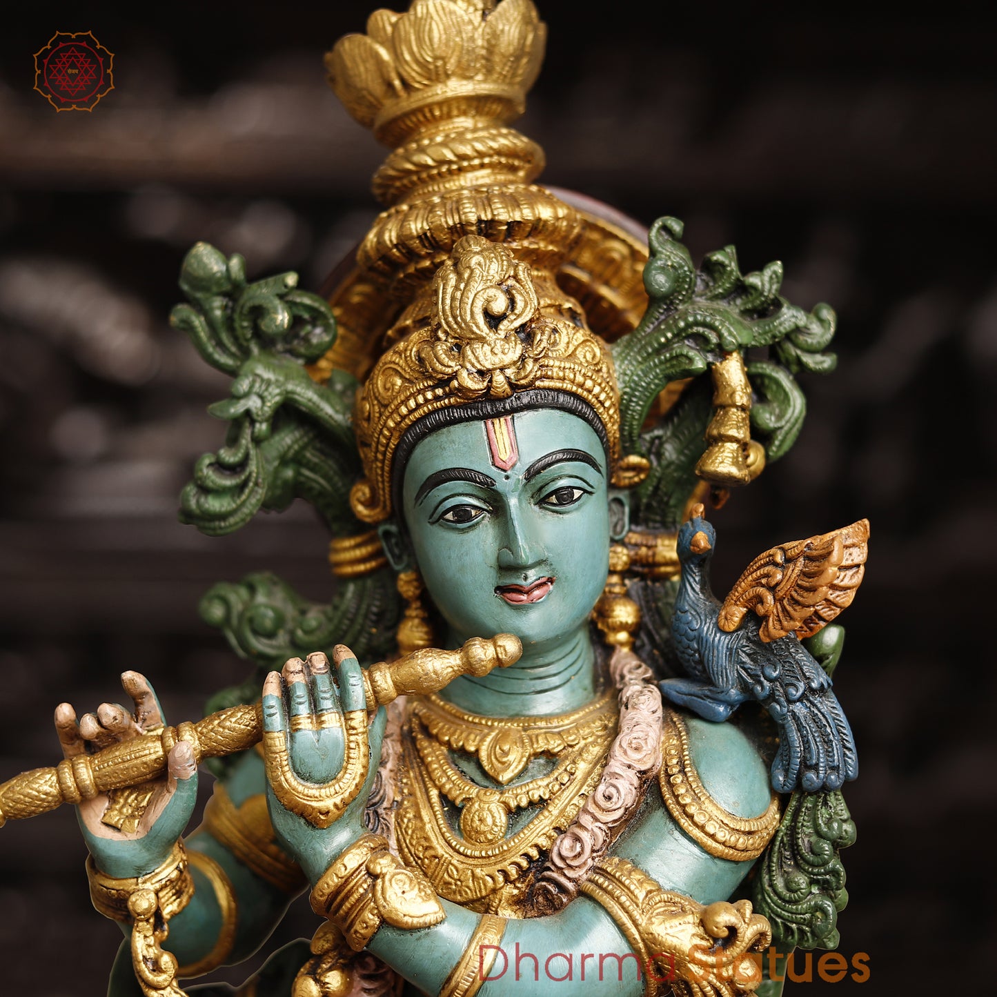 Brass Lord Krishna Statue With Cow, Playing Flute, Colorful Finish, 28.5"