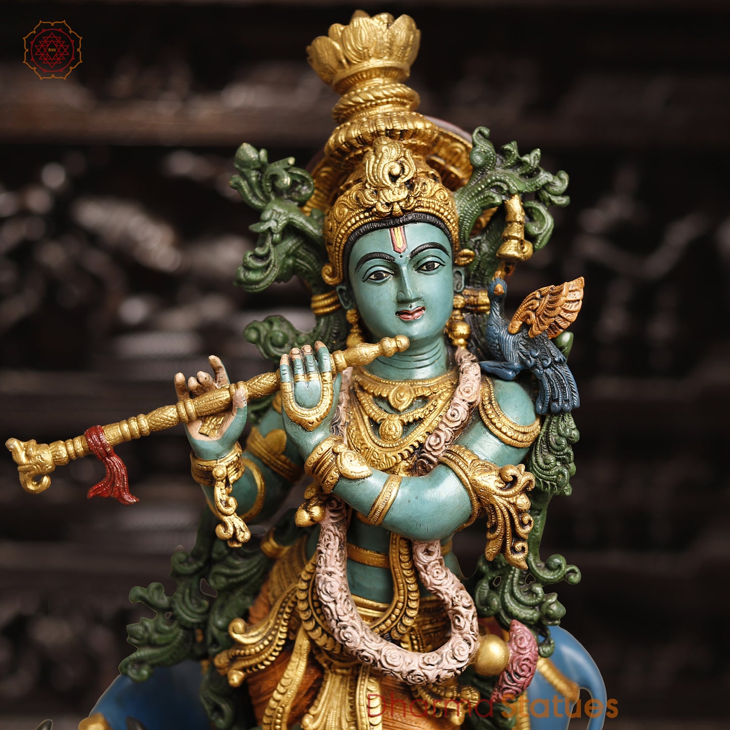 Brass Lord Krishna Statue With Cow, Playing Flute, Colorful Finish, 28.5"