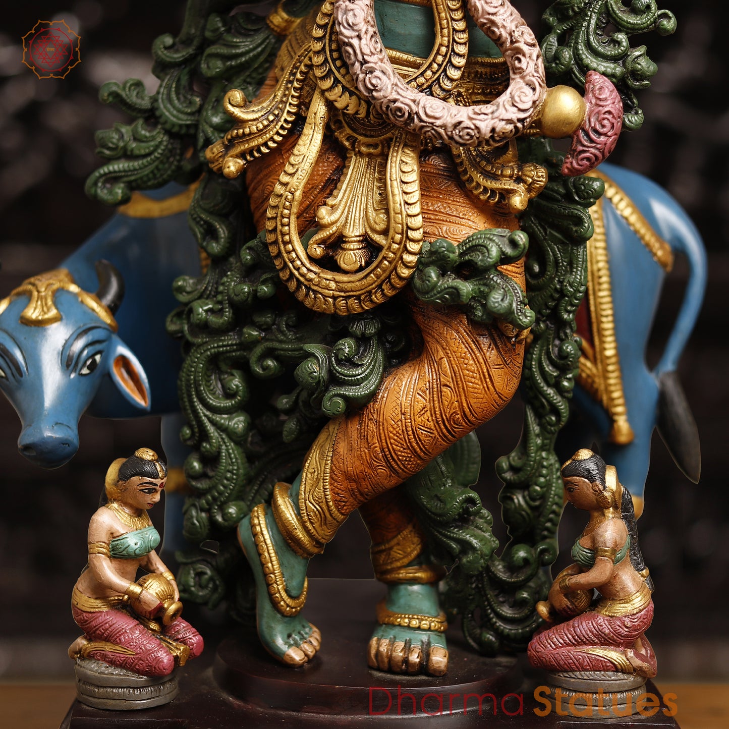 Brass Lord Krishna Statue With Cow, Playing Flute, Colorful Finish, 28.5"