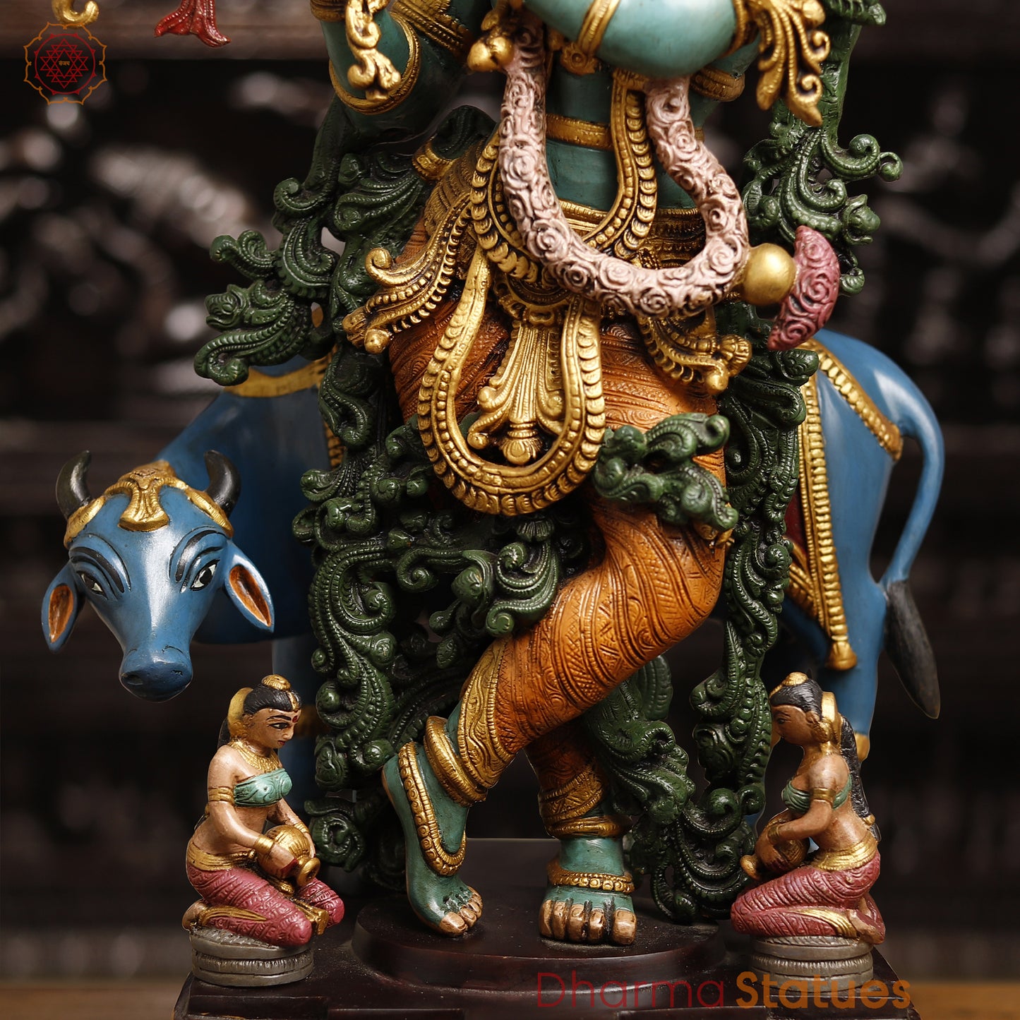 Brass Lord Krishna Statue With Cow, Playing Flute, Colorful Finish, 28.5"