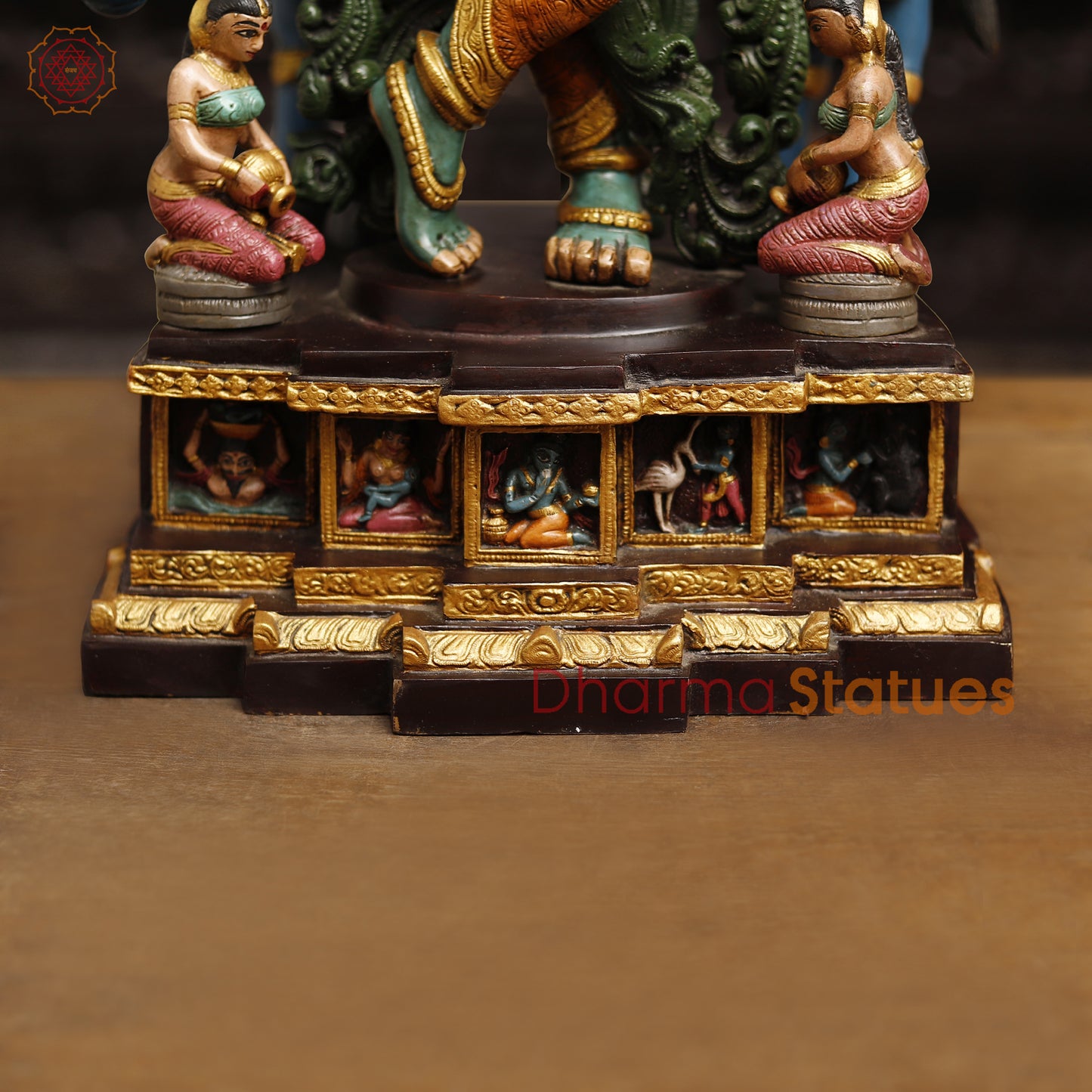 Brass Lord Krishna Statue With Cow, Playing Flute, Colorful Finish, 28.5"