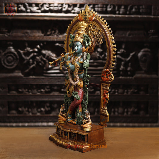 Brass Krishna Brass Statue, Playing Divine Flute colorful Finish, 32"
