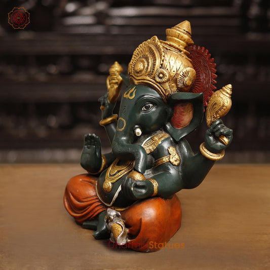 Brass Lord Ganesh Idol, Ganesh Seated in blessing posture, Colorful Finish 12"