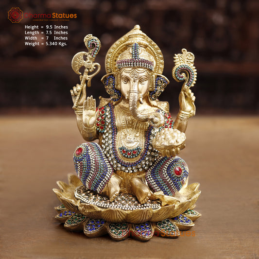 Brass Lord Ganesha Idol, Seated in a Blessing Posture, Golden & Stone work 9.5" Front View
