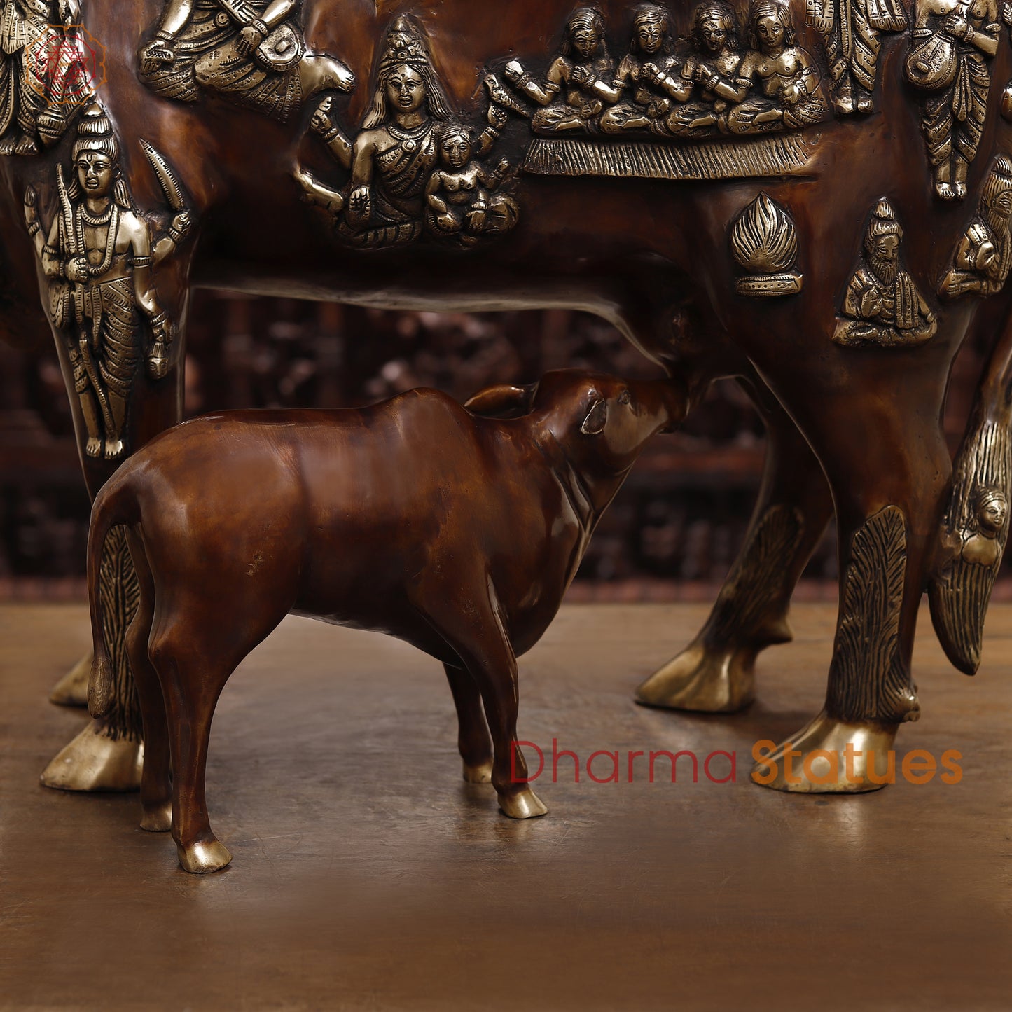 Gau Mata Brass Idol | Feeding Her Calf | Brown color 33.5"