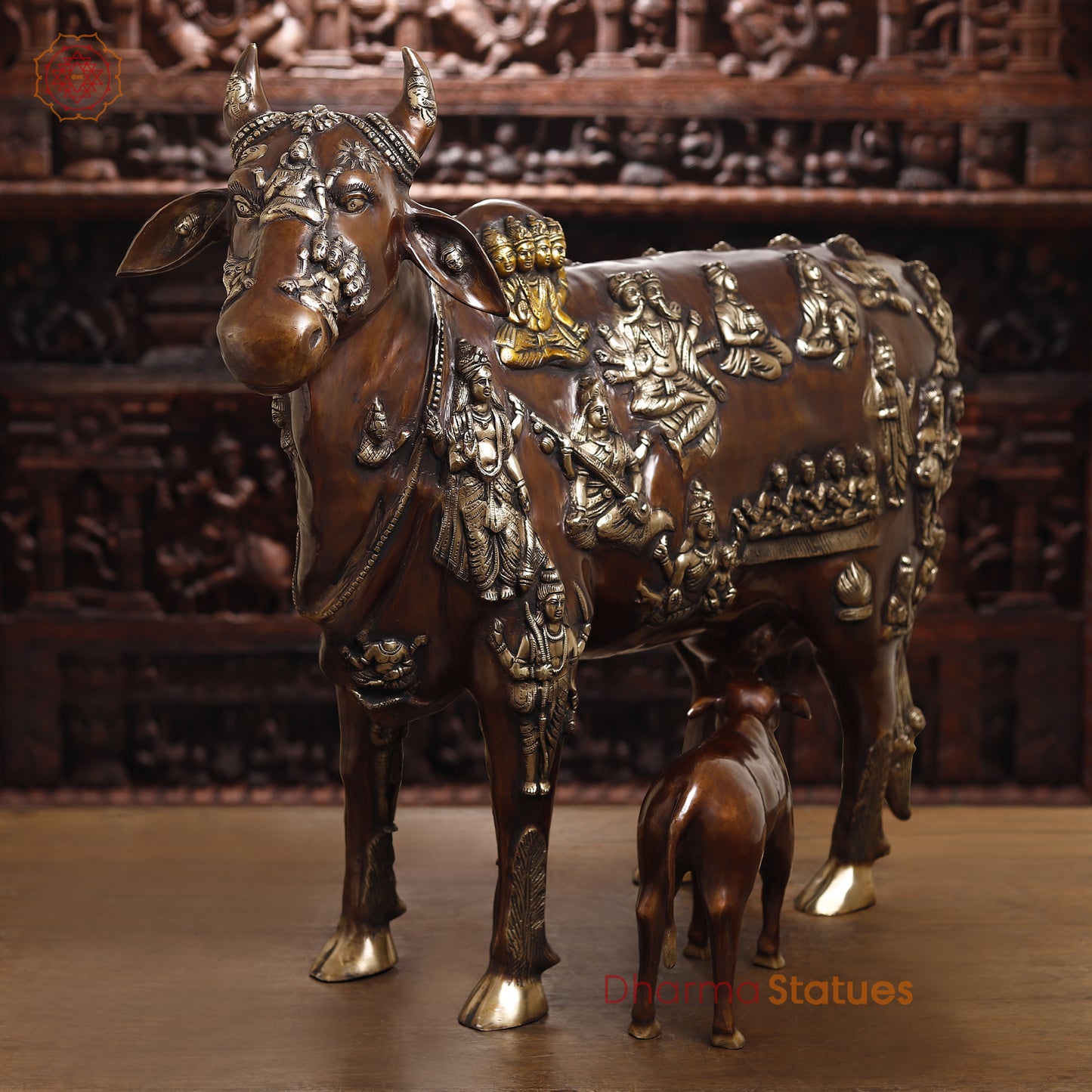 Gau Mata Brass Idol | Feeding Her Calf | Brown color 33.5"