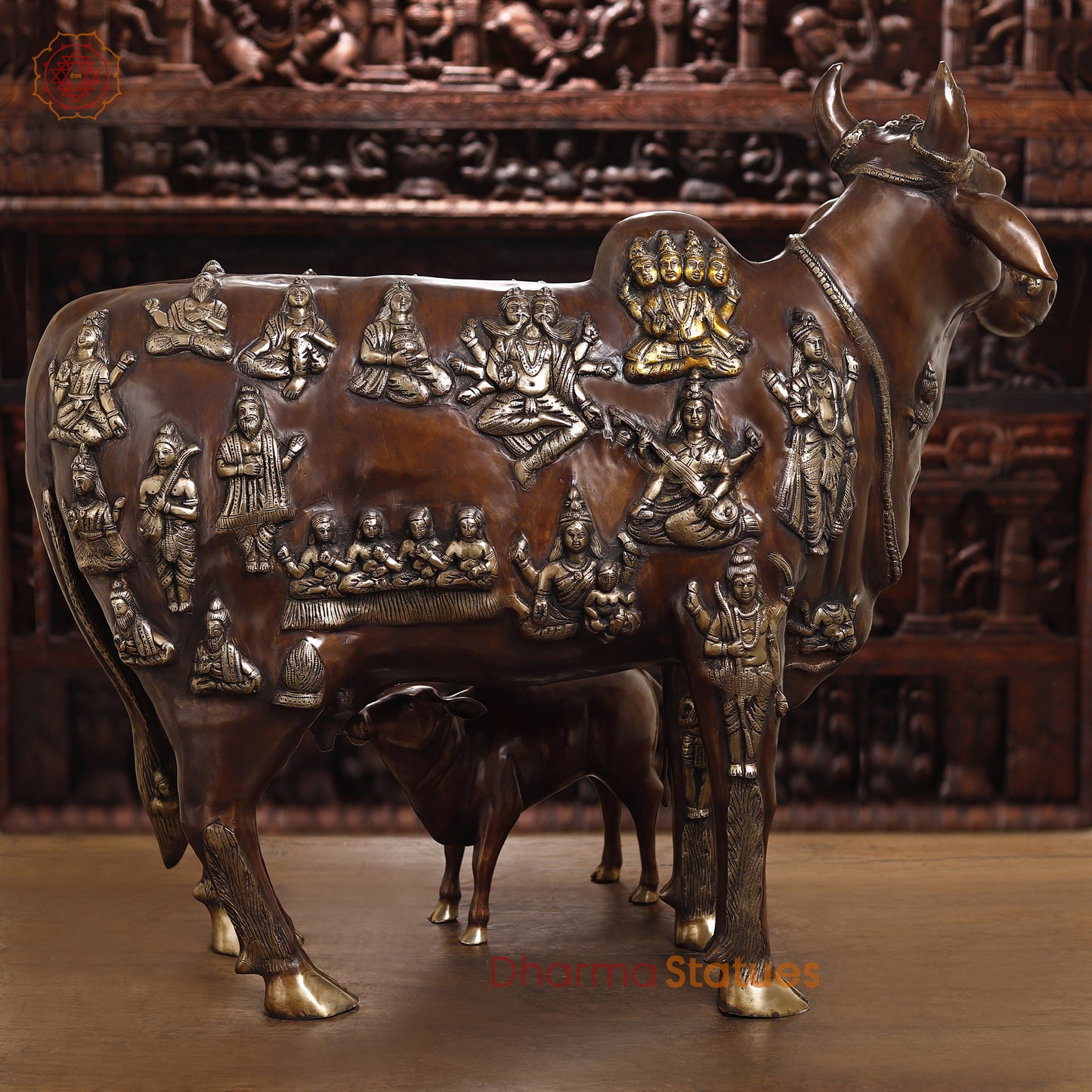 Gau Mata Brass Idol | Feeding Her Calf | Brown color 33.5"