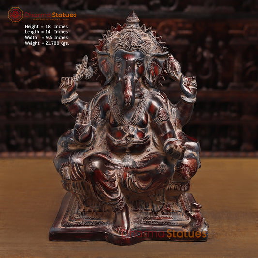 Brass Lord Ganesha Idol, Sitting on pedestal, Copper Fine Finish 18" Front View