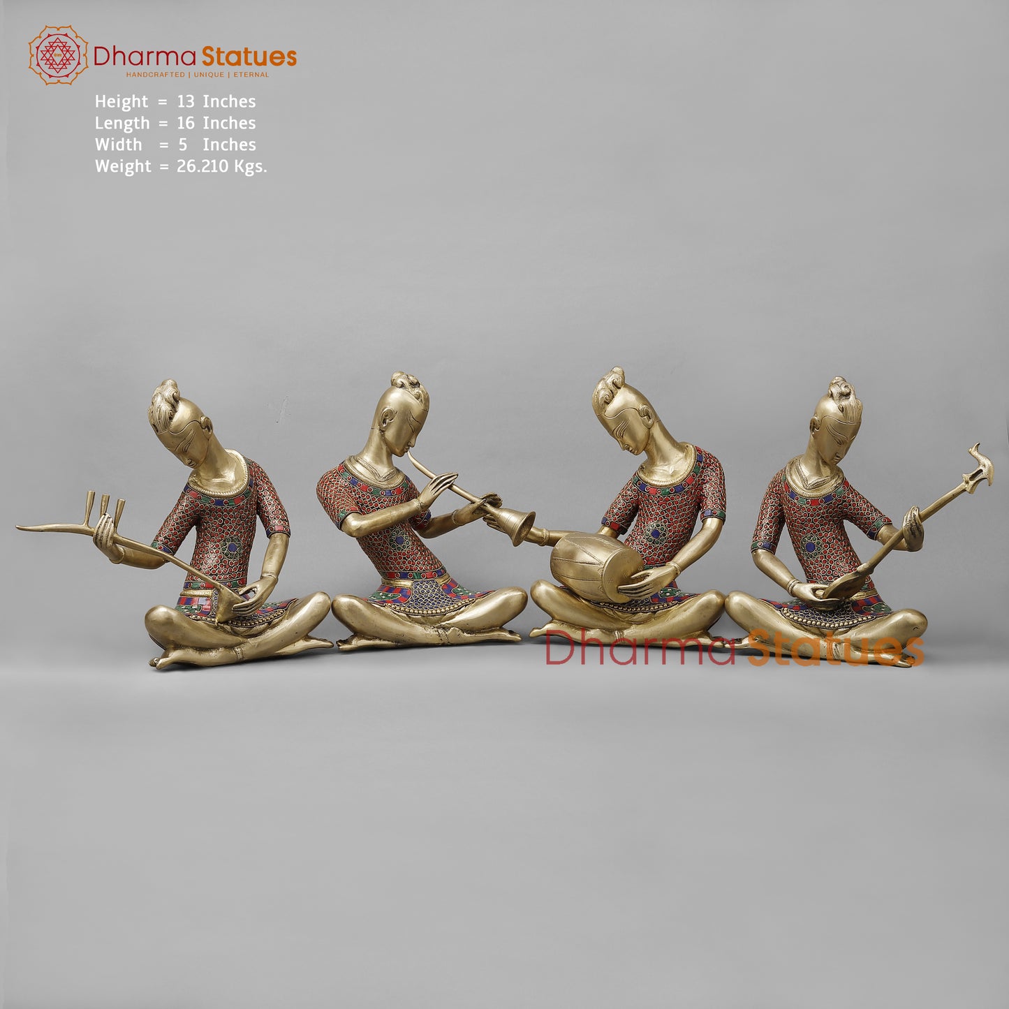 Brass Thai Musicians, Smooth Finish with Stonework, 13"