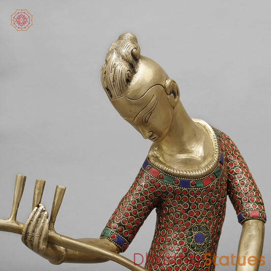 Brass Thai Musicians, Smooth Finish with Stonework, 13"