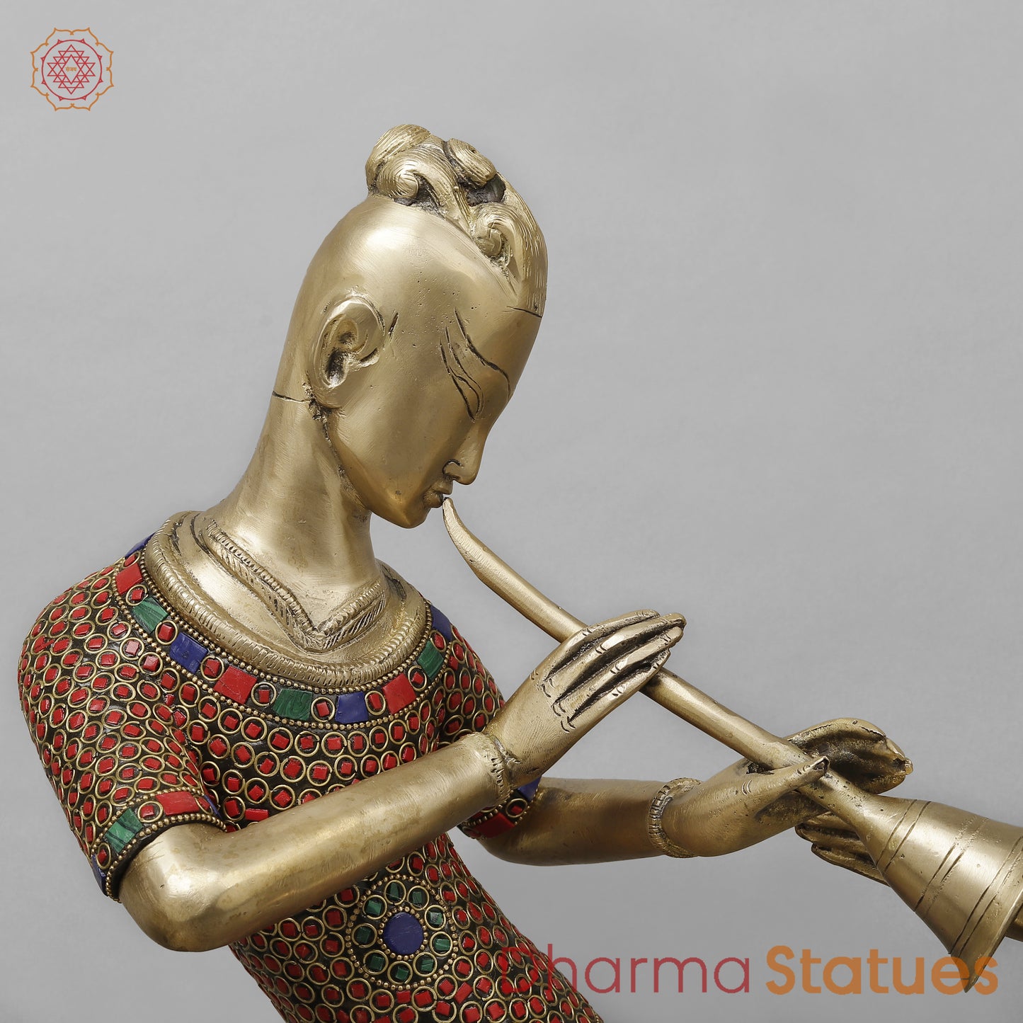 Brass Thai Musicians, Smooth Finish with Stonework, 13"