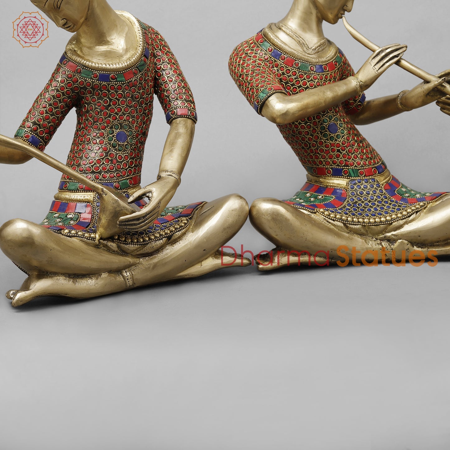 Brass Thai Musicians, Smooth Finish with Stonework, 13"