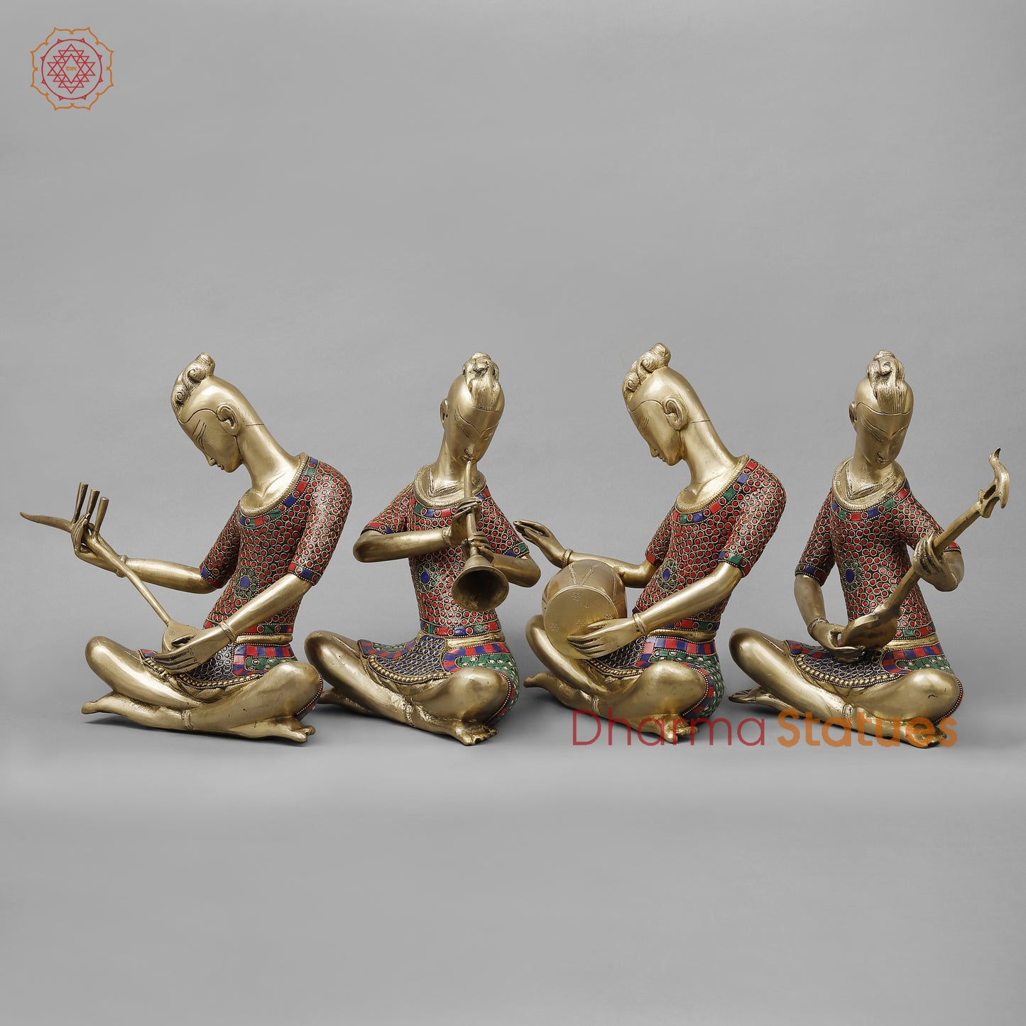 Brass Thai Musicians, Smooth Finish with Stonework, 13"