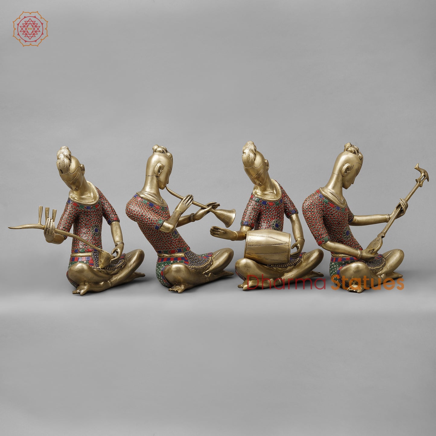 Brass Thai Musicians, Smooth Finish with Stonework, 13"