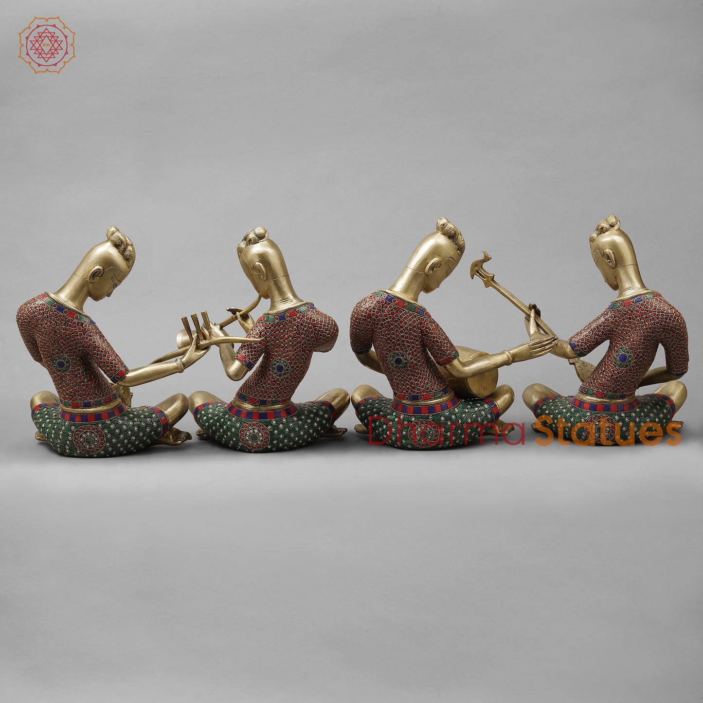 Brass Thai Musicians, Smooth Finish with Stonework, 13"