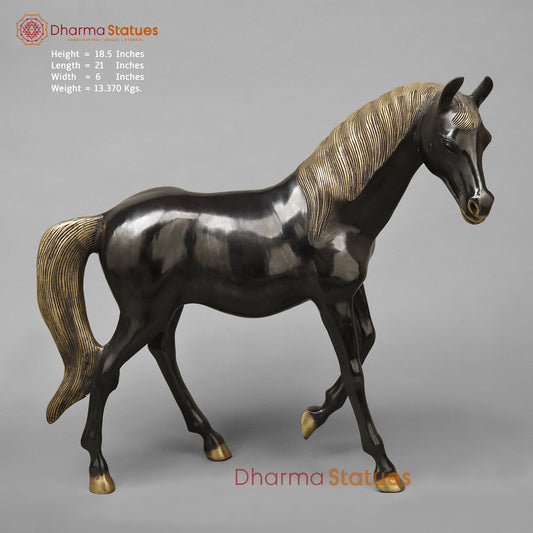 Brass Horse Standing, Black Patina & Golden Finish, 18.5"