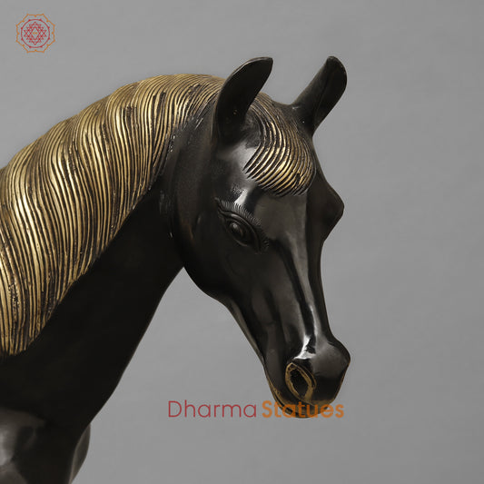 Brass Horse Standing, Black Patina & Golden Finish, 18.5"