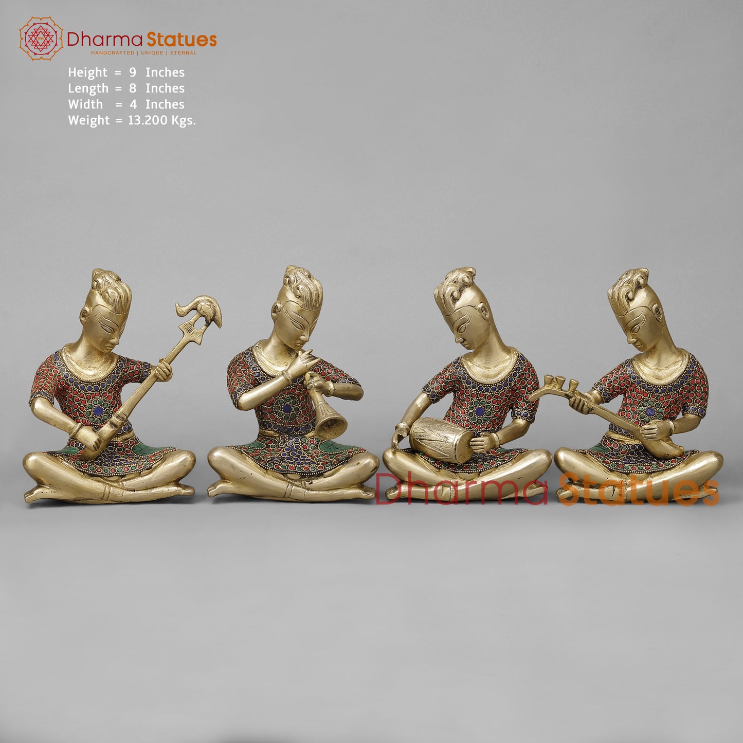Brass Set of Four Thai  Musicians Seated, Smooth Finish with Stonework, 9"