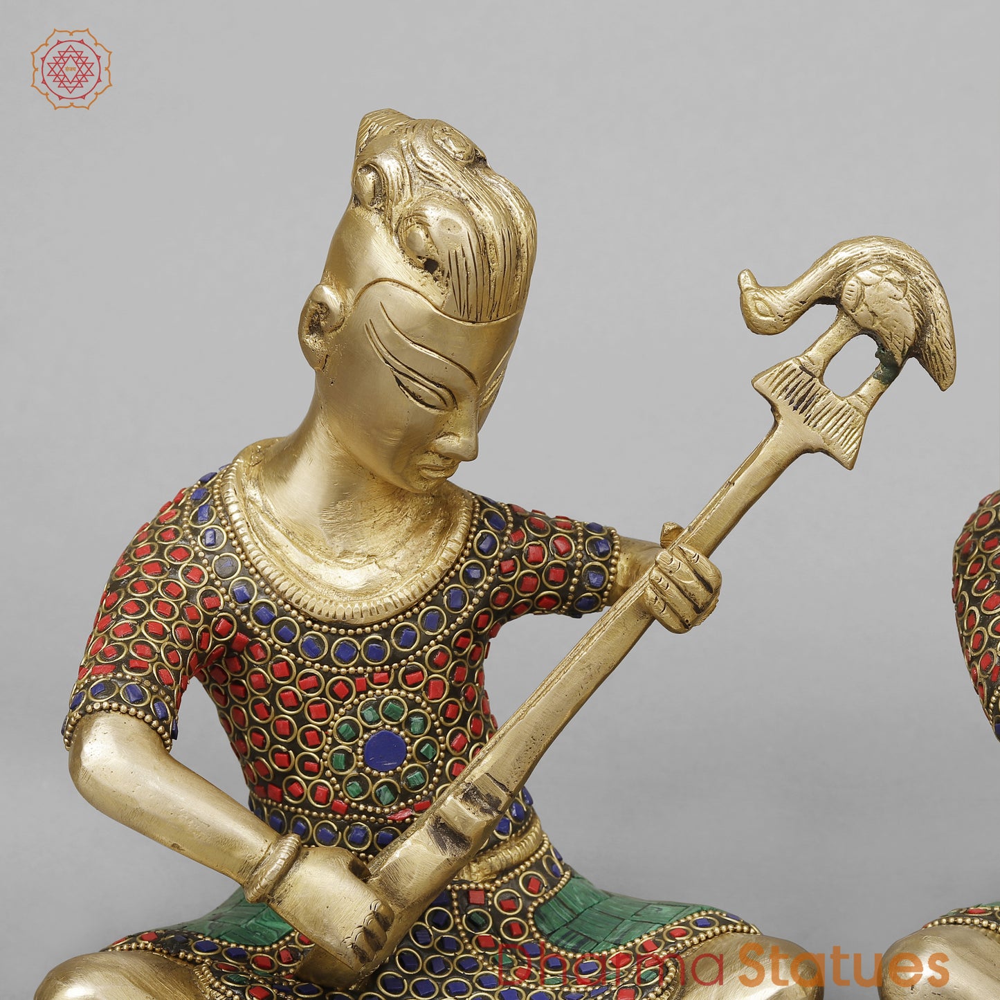 Brass Set of Four Thai  Musicians Seated, Smooth Finish with Stonework, 9"