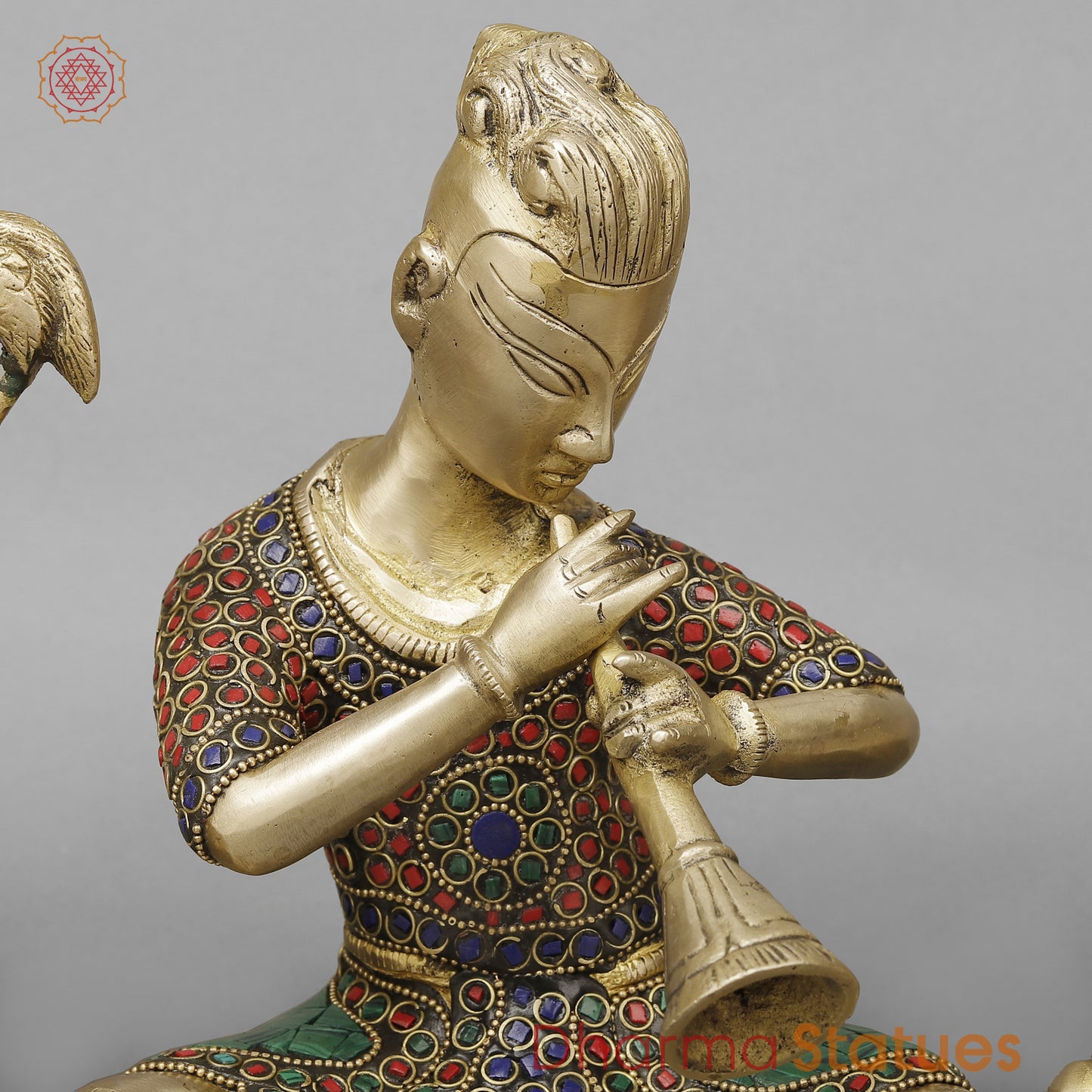 Brass Set of Four Thai  Musicians Seated, Smooth Finish with Stonework, 9"