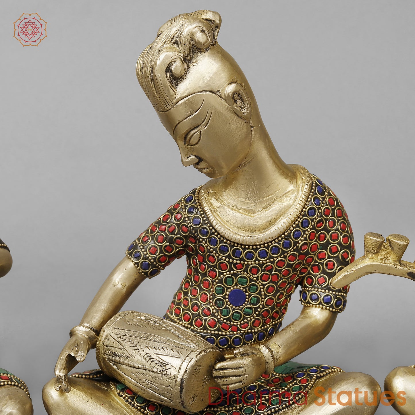 Brass Set of Four Thai  Musicians Seated, Smooth Finish with Stonework, 9"