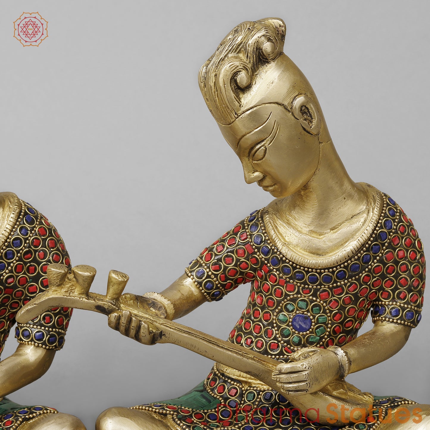 Brass Set of Four Thai  Musicians Seated, Smooth Finish with Stonework, 9"