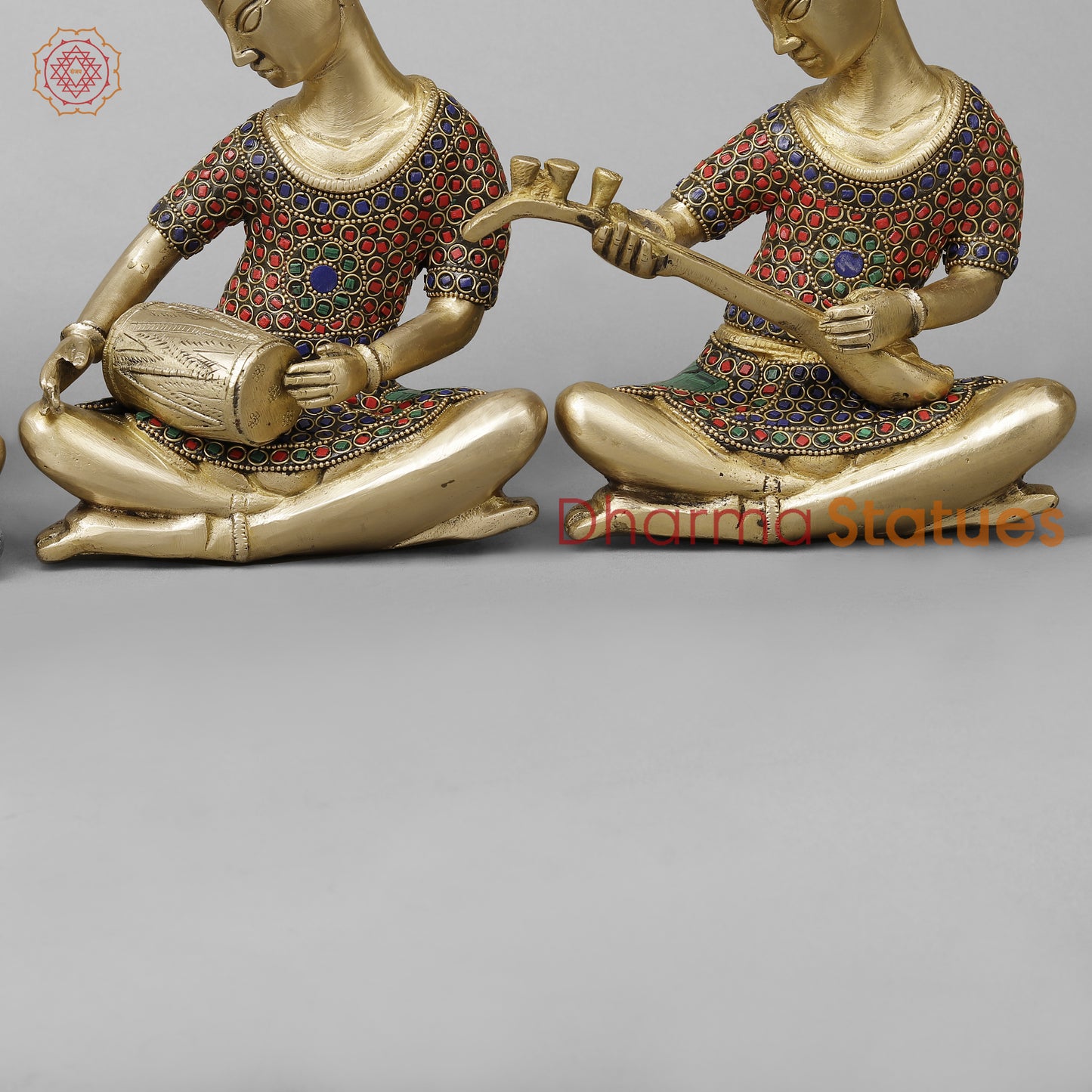 Brass Set of Four Thai  Musicians Seated, Smooth Finish with Stonework, 9"