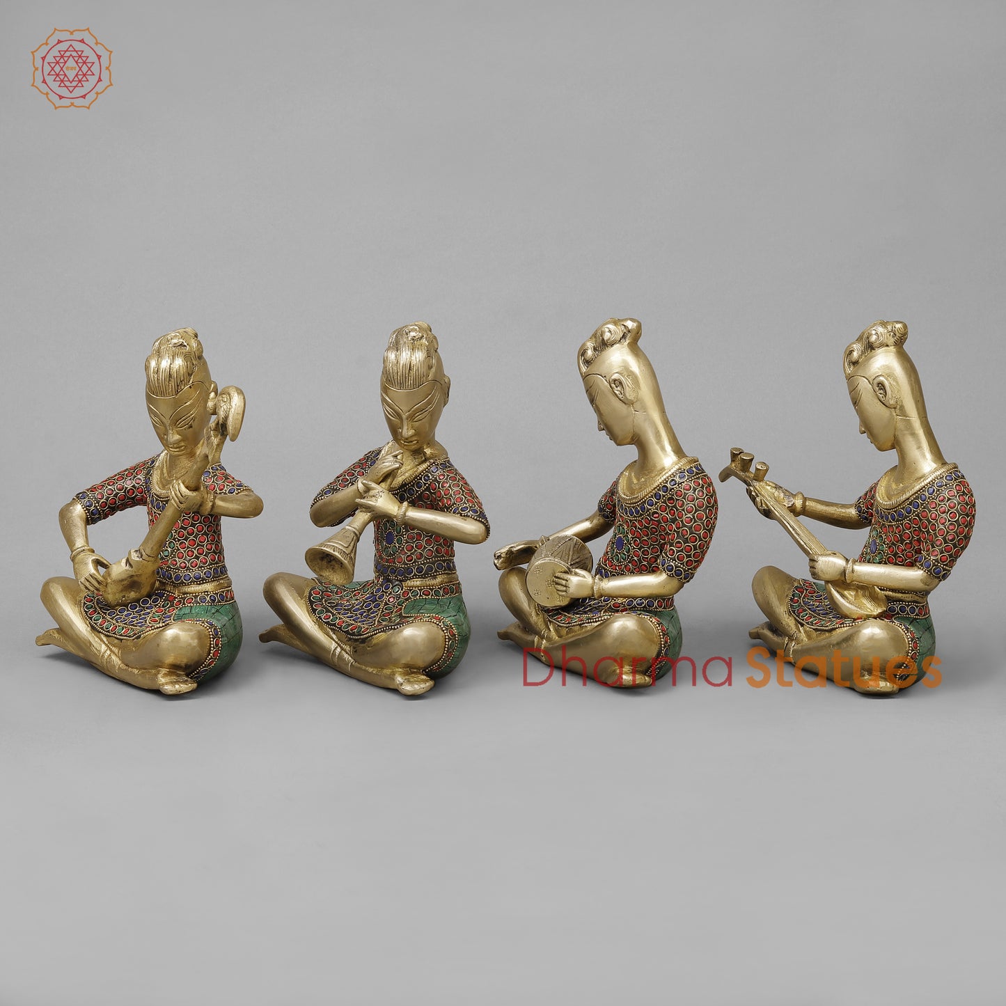 Brass Set of Four Thai  Musicians Seated, Smooth Finish with Stonework, 9"
