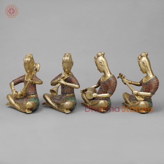 Brass Set of Four Thai  Musicians Seated, Smooth Finish with Stonework, 9"