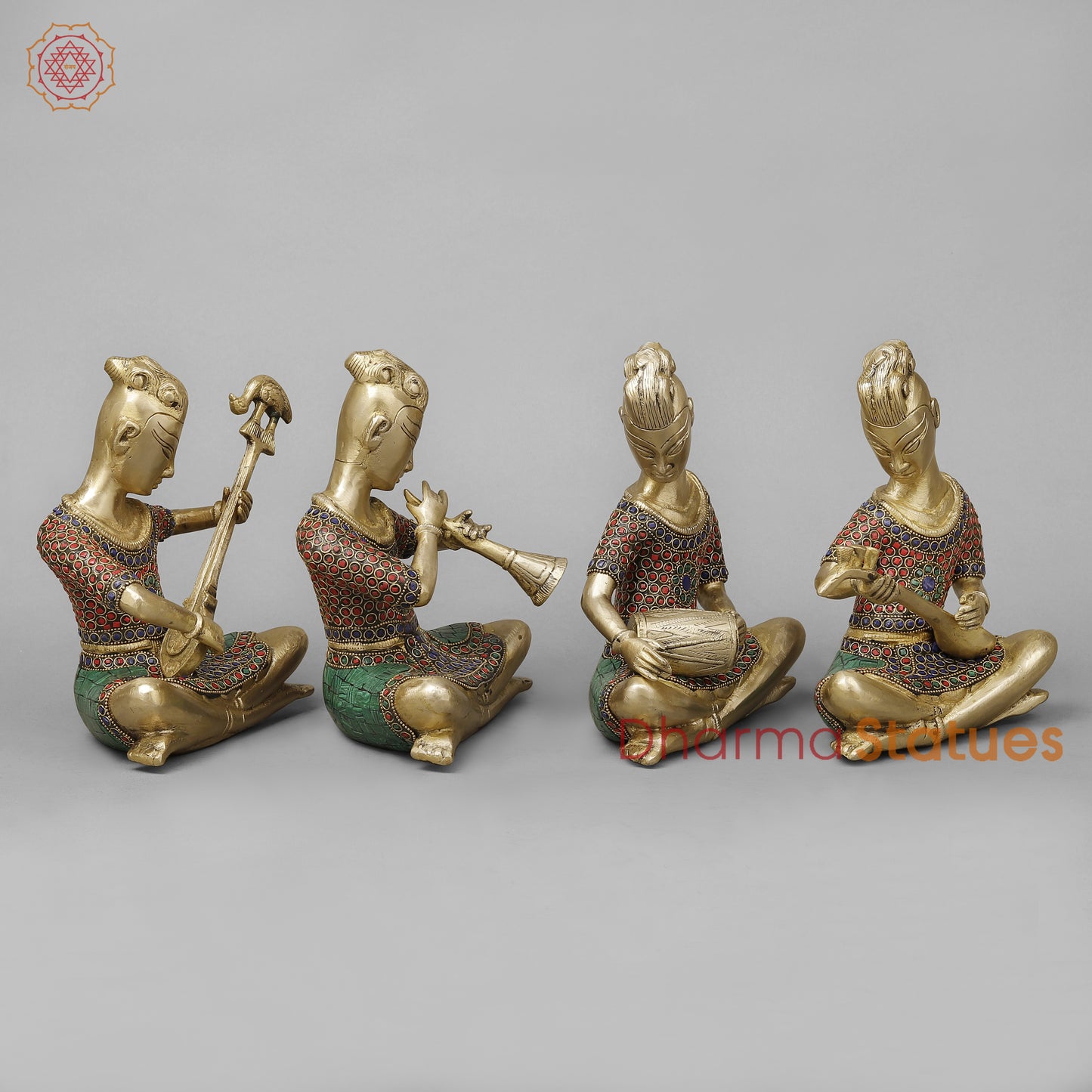 Brass Set of Four Thai  Musicians Seated, Smooth Finish with Stonework, 9"