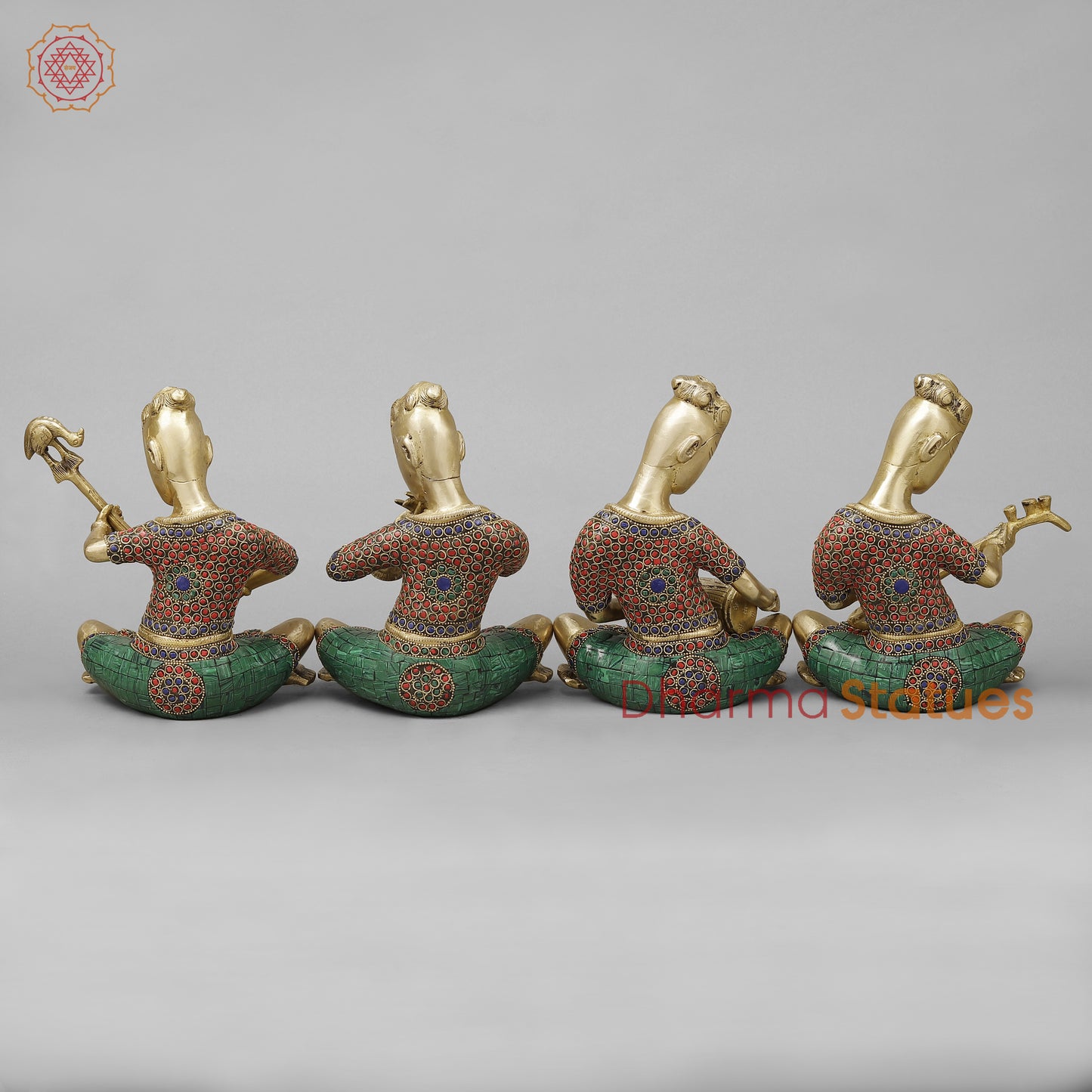 Brass Set of Four Thai  Musicians Seated, Smooth Finish with Stonework, 9"