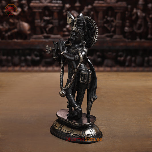 Brass Krishna Playing Flute, Black Patina & Golden Finish, 11"