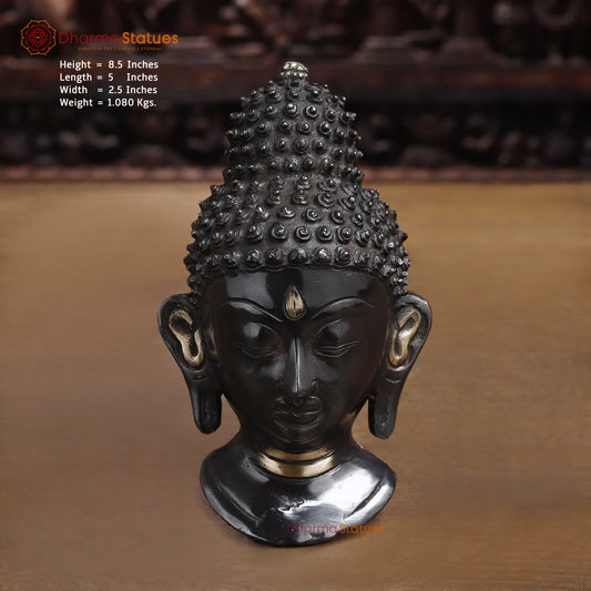 Brass Buddha Head, Black Patina & Golden Finish, 8.5"