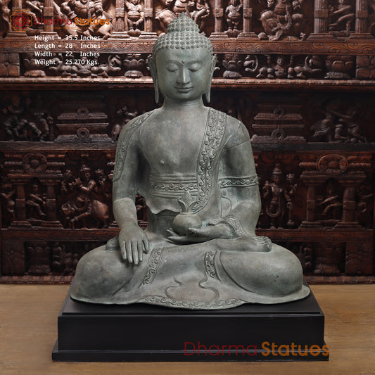 Brass Buddha Idol, Meditating Buddha Statue, Grey Finish 35.5" Front View