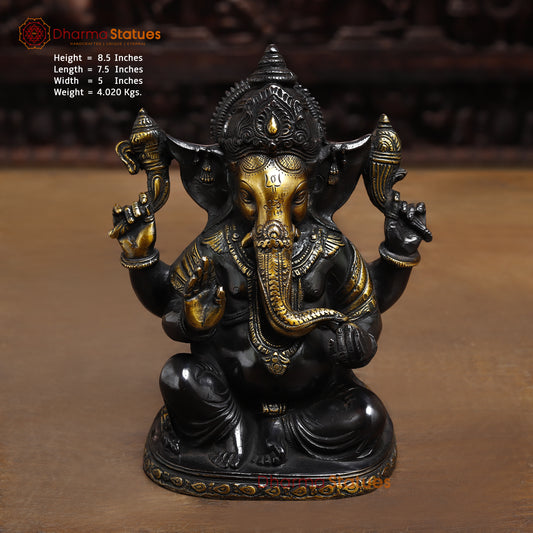 Brass Ganesh seated in Blessing Posture, Golden & Black Patina, 8.5"