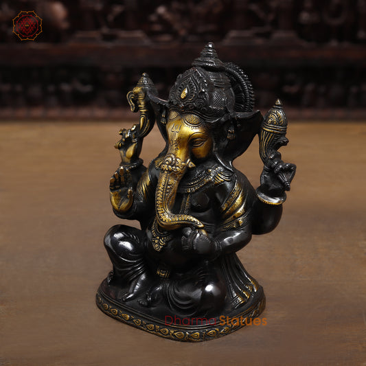 Brass Ganesh seated in Blessing Posture, Golden & Black Patina, 8.5"