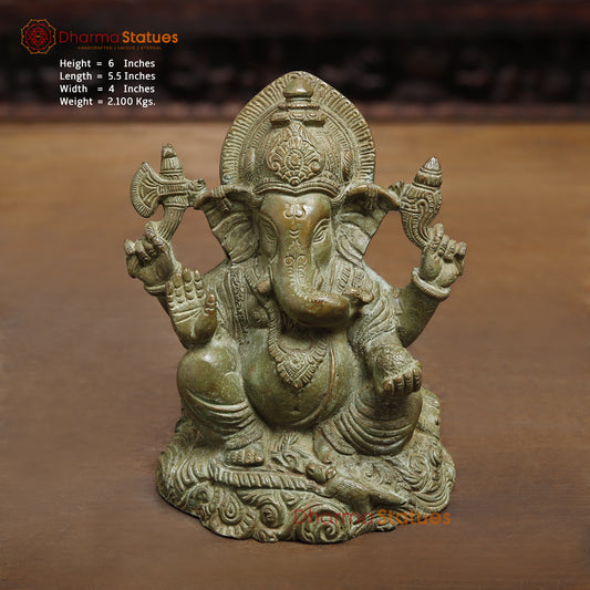 Brass Ganesh seated in Blessing Posture, Fine Green, 6"