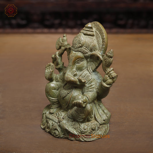 Brass Ganesh seated in Blessing Posture, Fine Green, 6"