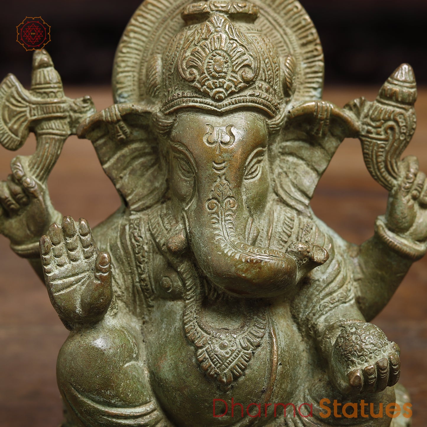 Brass Ganesh seated in Blessing Posture, Fine Green, 6"