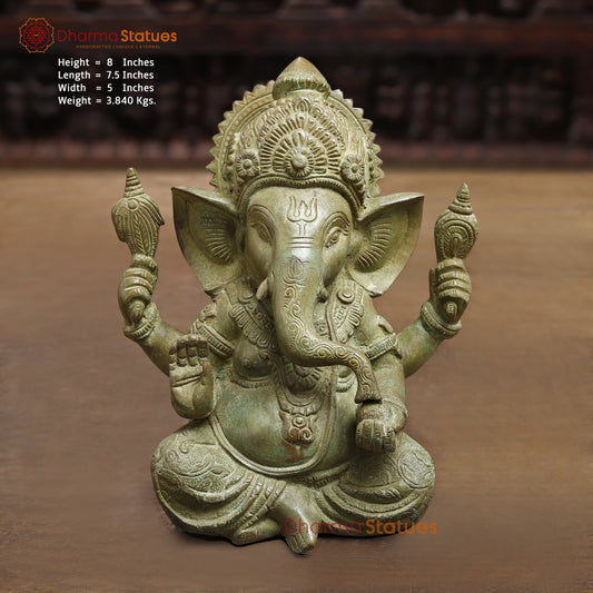 Brass Ganesh seated in Blessing Posture, Fine Green Finish, 8"