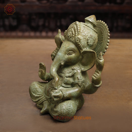 Brass Ganesh seated in Blessing Posture, Fine Green Finish, 8"